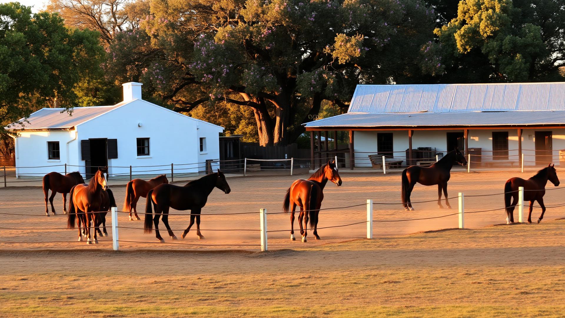 Horses grazing in a paddock beside the stable block at Quiet Corner Stables